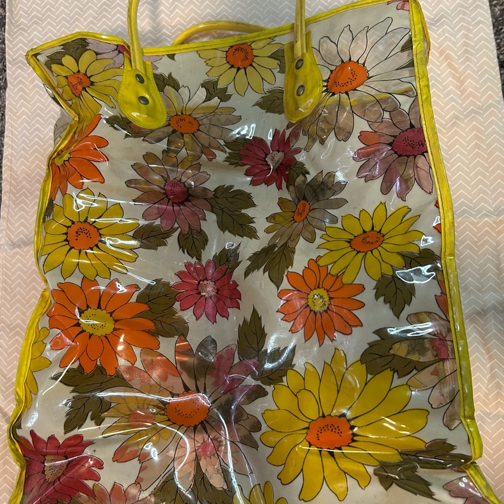 Floral Transparent Tote Bag with Yellow Trim - plastic